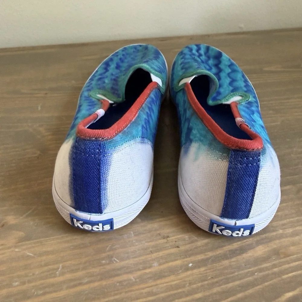 Keds Womens 7.5 Blue Teal Tie Dye Red Trim Slip On Flat Sneakers Shoes